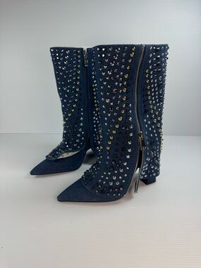 Azalea Wang HENZI Denim Studded Knee High Boots Pointed Toe NIB Size 6 7 8